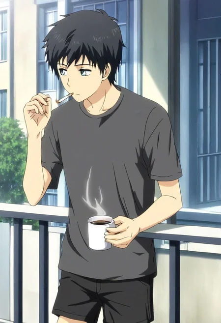 high resolution, solo, best quality, 1Boy, Arata Kaizaki, Black Hair, Blue Eyes, home balcony, morning, cigarette, coffee, t-shirt, shorts, looking away, OverallDetail