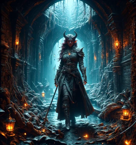 RAW photo, (masterpiece:1.3), subsurface scattering, heavy shadow, (high quality:1.4), (intricate, high detail:1.2), professional photography, HDR, High Dynamic Range, realistic, ultra realistic, photorealistic, high resolution, film photography, ambient lighting, atmospheric effects, <lora:detail_slider_v4:2.5>, OverallDetail, a female evil tiefling warlock, intricate robes, belt, bracers, <lora:Tiefling:0.86>, in a dark, medieval, fantasy, sewers, water, <lora:Sewers:0.7>, epiCPhoto,