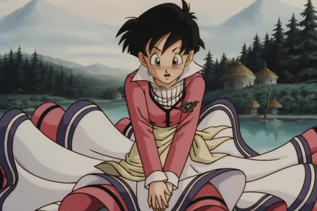 source_anime, score_9, score_8_up, score_7_up, anime screencap,
videl, movie accurate, 1girl, pendant, covering crotch, movie dress, solo, blush, short hair, open mouth, black hair, long sleeves, dress, raised eyebrows, outdoors, necklace, multicolored dress, pink dress, embarrassed, striped shirt, collar up, sweatdrop, black eyes, tree, looking down, wind, nature, forest, mountain, retro artstyle, wind lift, lake, collarbone, cowboy shot, fingernails, long dress, spiked hair, wrapped
<lora:videlSatan_pony_v1:0.8>