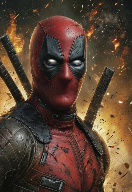 Marvel comics Deadpool, running towards the viewer with katanas,, scary, horror, explosions, fire background highly detailed face, highly detailed eyes, approaching perfection, dynamic, highly detailed, smooth, sharp focus, trending on artstation, sharp focus, intricate details, highly detailed, mysterious, epic, cinematic, a fantasy hyperrealistic painting inspired by lee jeffries, zbrush central contest winner, hyperrealism, steven mccurry portrait, photography, alessio albi, perfection