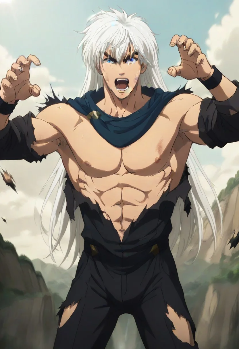 ((masterpiece)), ((best quality)), ((ultra-detailed)), score_9_up, score_8_up, score_7_up, HD, top quality, best quality, High-quality illustrations, anime screencap, source_anime, perfect anatomy, 1boy, 1male, male anime character, anime boy, solo male, male focus, handsome, attractive, sexy, ((fit body, lean body,mature body, hunk body)), ((tall, tall height, tall body)), looking at viewer, looking at front, front shot, front view, Dark Schneider, long hair, white hair, blue eyes, bushy black eyebrows, fangs, rode, cape, tunic, ((ripped outfit, exploding outfit, destroyed outfit, scratched outfit)), ((screaming loudly in agony, screaming towards the sky)), ((dramatic pose)), ((dramatic scenery))