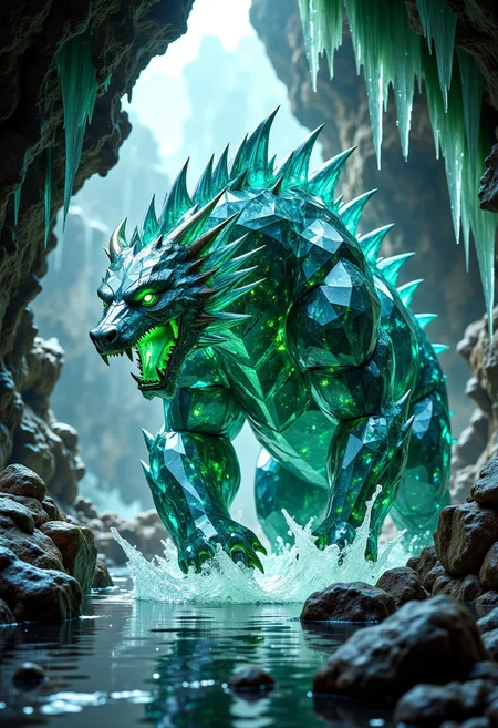 FluxEpicDragon, a crystalline bear made of cut aqua emeralds and blue diamond gemstones with subsurface scattering and light transmission, with a small head, in a beastly stance, emitting a powerful shockwave with a loud roar distorting the air, teeth and fangs made of green emerald, monstrous and colossal, jagged gemstone fur, inside a greenish ice cavern with greenish ice stalactites