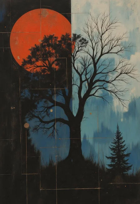 A minimalist scene with abstract geometric shapes, REctangle, trainagle, circle, squre, .blue and dark orange mist inside a on black canvas, geomteric shapes , (nothing matters other then prompt) (portrait with face in negspace, blue silhouette, lace tree viens texture print inside blue),