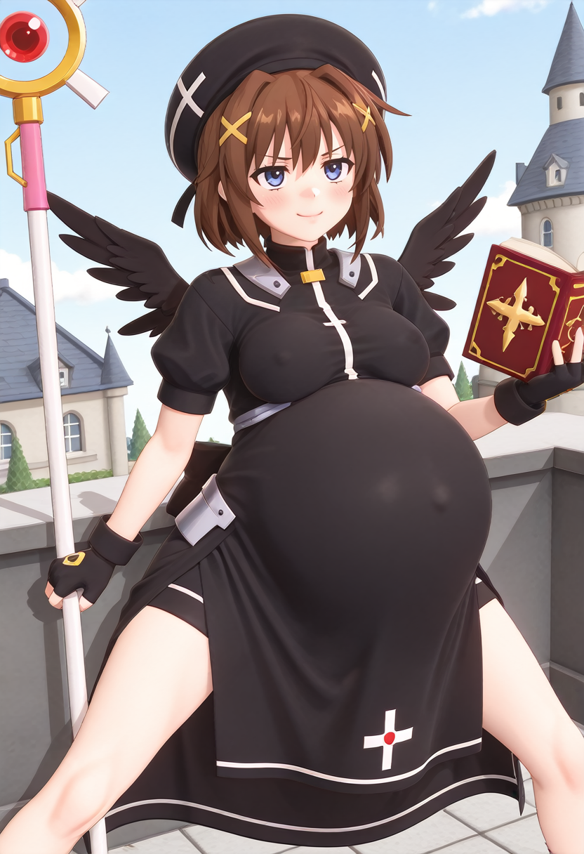 STYLE(comfy++,none) masterpiece, best quality, 3d, iwak, 1girl, tome of the night sky, lyrical nanoha, blue eyes, brown hair, short hair, x hair ornament, fingerless gloves, hat, wings, black wings, magical girl, book, staff, medium breasts, clothed, pregnant, big belly, solo,  smug, looking afar, facing viewer, clenched hands, arm at side, arm at side, (bent over), dynamic pose, spread legs, portrait,  day, castle, absurdres, newest,  <lora:Other/Pregnancy_Slider.safetensors:1.2:1.2> <lora:Tech/dmd2_sdxl_4step_lora_fp16.safetensors:1.0:1.0> <lora:Style/3dblend.safetensors:1.1:1.1> <lora:Other/pregnant_c_v3.safetensors:1.0:1.0>