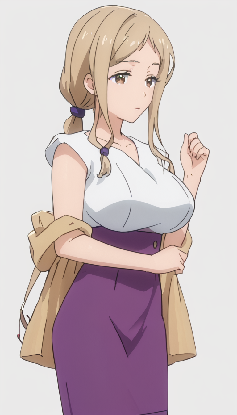 1girl,asaemakabe,brown eyes,blonde hair,sidelocks,low ponytail,purple skirt,(hair beads:0.4),solo,large breasts,<lora:AsaeMakabe-000008:1>,, anime screencap,score_9,simple background,