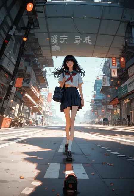 score_9, score_8_up, score_7_up, score_6_up, score_5_up, score_4_up, source_anime, 1girl, solo, 18yo, (slim face:1.5), (bangs:1.2), skinny, thin body, wide hips, thin thighs,
<lora:age_slider_v4:2> <lora:Expressive_H:1><lora:Kenva:0.8> <lora:naipf:0.6>
looking back, road, bag, skirt, street, school uniform, outdoors, walking, serafuku, crosswalk, black hair, long hair, motor vehicle, day, realistic, real world location, shoes, socks, (from below:1.5),