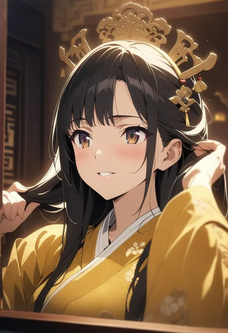 gorgeous lips, cinematic, (masterpiece), (best quality), (ultra-detailed), very aesthetic, illustration, perfect composition, intricate details, absurdres, detailed face, (anime, masterpiece, intricate:1.3), (best quality, hires textures, high detail:1.2)
1girl, pale skin, brown eyes, long straight black hair, medium breasts, traditional chinese clothing, yellow silk hanfu, wide sleeves, long hanfu dress, floral print, song dynasty style hanfu, yellow slippers, chinese headpiece,
sitting, in a chinese aesthetic room, night time, red and gold room aesthetics, fixing hair, looking in mirror, shy smile, supermodel photoshoot, portrait shot, cinematic lighting, studio lighting