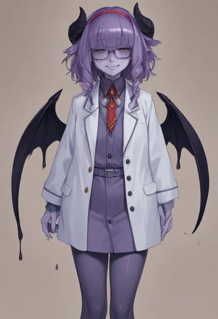 score_9, score_8_up, score_7_up, score_6_up, 1girl, solo, source_anime, purple skin, scar on face, freckles, slime hair, slime girl, pointy ears, demon wings, huge horns, drooling, bangs, hair over eyes, undead, hairband, glasses, suit jacket, white pencil skirt, long skirt, pantyhose, hairband, small breasts, skinny, curly hair, medium hair, hime cut, brown eyes, profile, winking smile, v