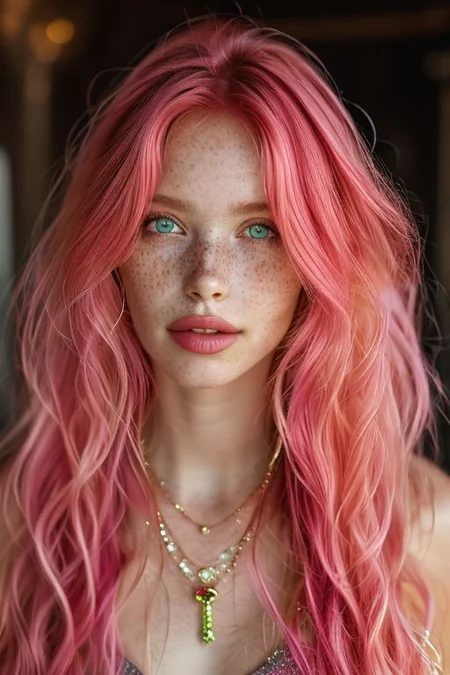 1girl,solo,bellissima, long hair,looking at viewer,jewelry,green eyes,pink hair,parted lips,teeth,necklace,blurry,lips,depth of field,blurry background,portrait,freckles,realistic
