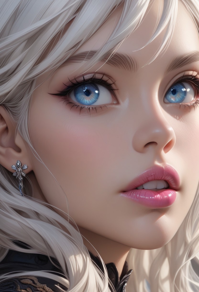 best quality, masterpiece, highly detailed, ultra-detailed, close up of woman face, pretty face, strong jaw line, 1girl, white hair, pink lipstick, blue eyes