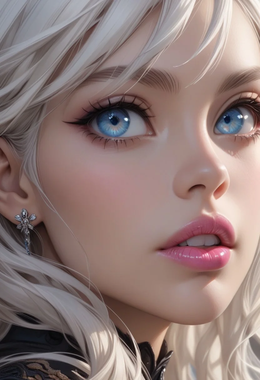 best quality, masterpiece, highly detailed, ultra-detailed, close up of woman face, pretty face, strong jaw line, 1girl, white hair, pink lipstick, blue eyes
