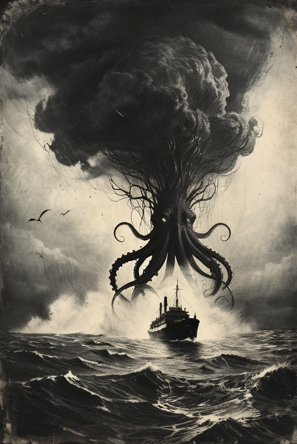 (lots of tentacles out from the sea surface:1.5),(A Blurry huge silhouette hidden in the cloudy sky background far away:0.9),A retro artstyle photo with ship in the middle of a huge whirlpool tore the ship apart,huge waves,rough seas,black clouds,rain,lightning,a dark ocean where unknown dangers behind darkness below,
Lovecraftian horror,An indescribable weird atmosphere,Psychological fear,thriller novel illustration,VintagePhotos,
Masterpiece,8k,sharp image,highest-quality,intricate details,cinematic,best quality,detailed,highest quality,ultra detailed,highres,cinematic light,out of focus,RAW photograph,art portrait,high contrast,highest details,(Telephoto lens:1),
<lora:Desolation:0.3>,<lora:Wizards_Etchings:0.8>,<lora:aesthetic:0.35>,<lora:add-detail-xl:1.5>,<lora:xl_more_art-full_v1:0.3>,