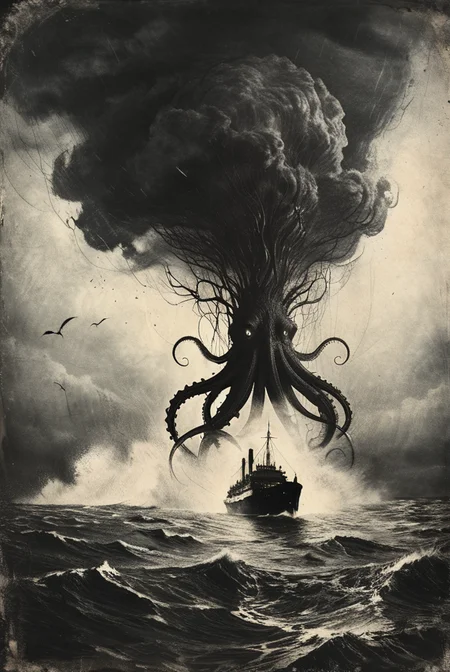 (lots of tentacles out from the sea surface:1.5),(A Blurry huge silhouette hidden in the cloudy sky background far away:0.9),A retro artstyle photo with ship in the middle of a huge whirlpool tore the ship apart,huge waves,rough seas,black clouds,rain,lightning,a dark ocean where unknown dangers behind darkness below,
Lovecraftian horror,An indescribable weird atmosphere,Psychological fear,thriller novel illustration,VintagePhotos,
Masterpiece,8k,sharp image,highest-quality,intricate details,cinematic,best quality,detailed,highest quality,ultra detailed,highres,cinematic light,out of focus,RAW photograph,art portrait,high contrast,highest details,(Telephoto lens:1),
<lora:Desolation:0.3>,<lora:Wizards_Etchings:0.8>,<lora:aesthetic:0.35>,<lora:add-detail-xl:1.5>,<lora:xl_more_art-full_v1:0.3>,
