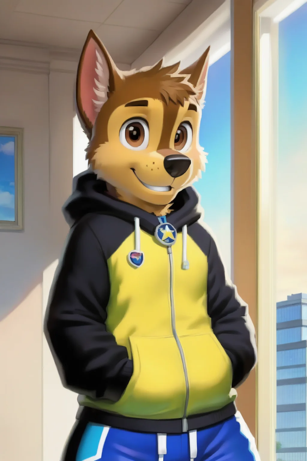 detailed fluffy fur texture, impasto impressionism, zackary911, Zaush, detailed eyes, highly detailed pupils, solo, furry, anthro, chase-pp, domestic dog, male, brown eyes, brown fur, light brown body, fur body, wide hips, thick thighs, nude, detailed fluffy fur texture, inner fluff ears, from front, standing, hood, black hoodie, blue track shorts, interior apartment background, day, 1boy, smile, <lora:chaseV2pp-09:0.9>