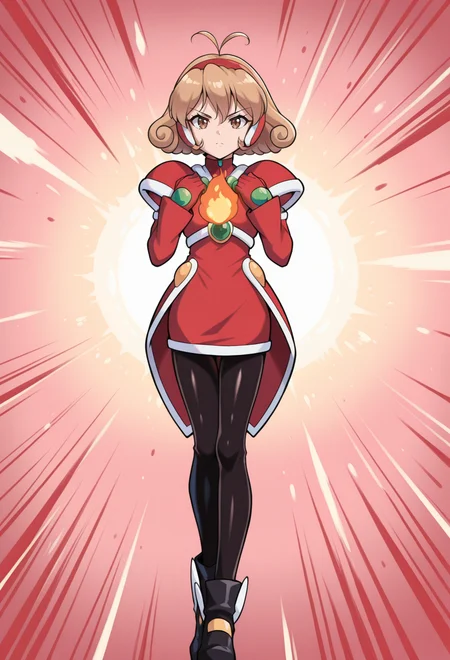 masterpiece, best quality, high quality, anime, <lora:AEYui_1:1>
AEYuiFire, brown eyes, brown hair, curly hair, short hair, hairband, bodysuit, red gloves, black pantyhose, black footwear, boots, high heels,
serious, holding flame, hands up, straight-on, fireball, hands on own chest,