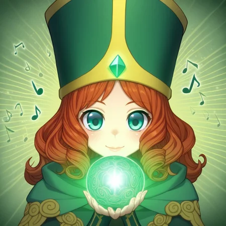 mana_sk style, portrait, focus on face, a charming bard girl with short, curly auburn hair and bright teal eyes, a playful smile on her lips, wearing a feathered hat adorned with sparkling jewels, holding a delicate lute close to her, faint musical notes glowing in the background, Japanese RPG style, whimsical and enchanting atmosphere, intricate details on her hat and lute