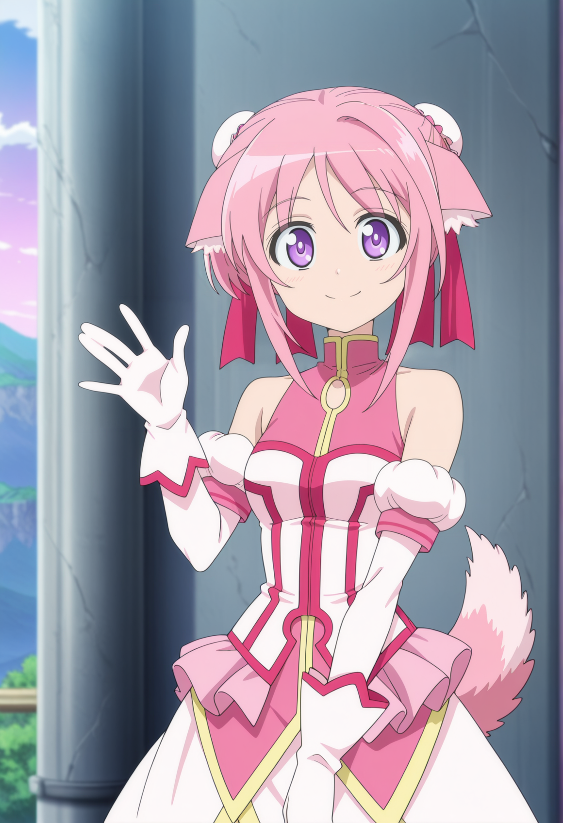 anime coloring, anime screenshot, 1girl, pink hair, double bun, bun cover, ribbon, dog ears, purple eyes, pink dress, sleeveless, detached sleeves, gloves, outdoors, waving, smile, looking at viewer, dog tail  <lora:biscotti_dd:1>, masterpiece, best quality, amazing quality, very aesthetic, absurdres, highres, newest