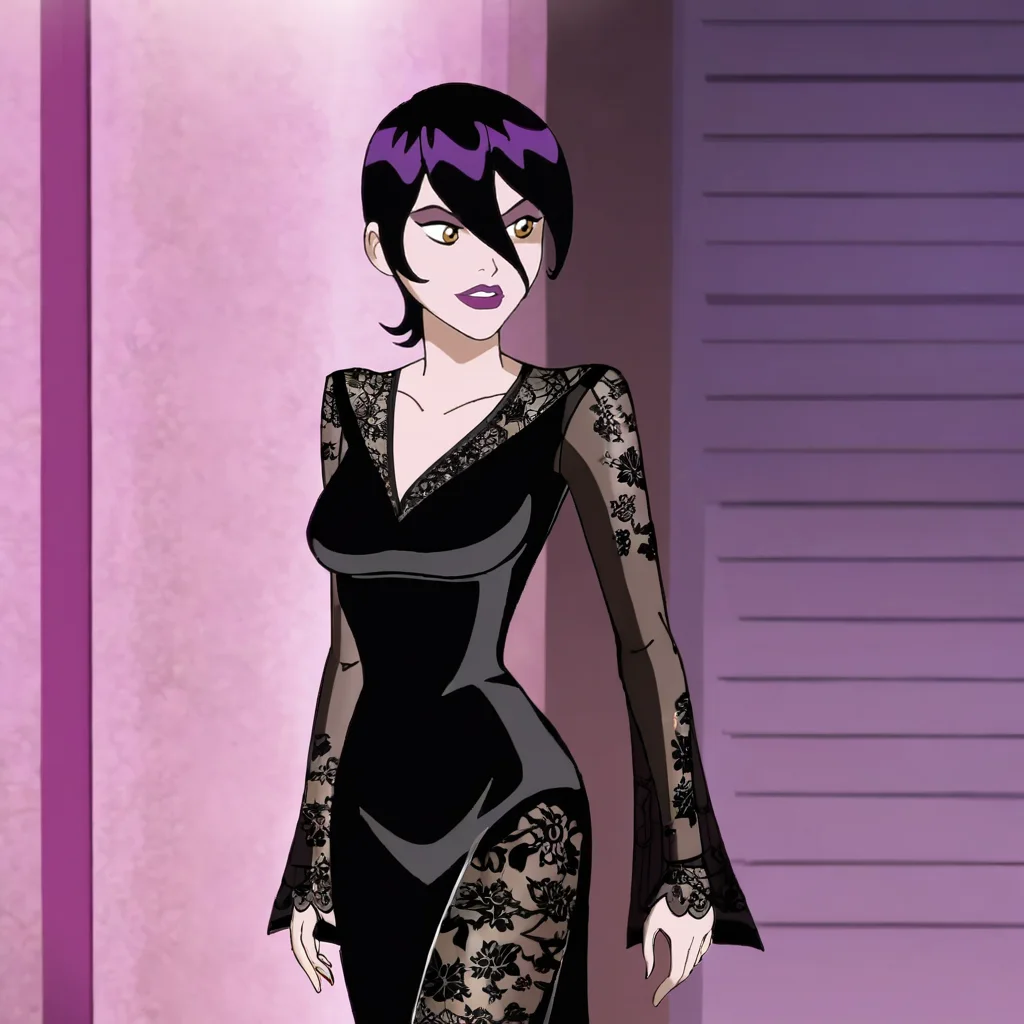 <lora:FoaraLooneyTunes_pony_v1:1>  FaoraLooneyTunes, 1girl, lipstick, makeup, short hair, black hair, medium breasts,  hair between eyes, purple lips, cowboy shot,  <lora:1013 Home wear 30_v1_pony:1> ruanyi1013,black dress,floral print,long dress,long sleeves,see-through dress,skin tight,lace