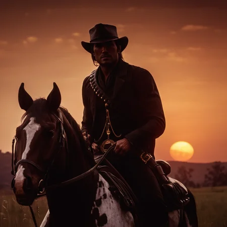cinematic film still of  <lora:Red Dead Redemption style:1>
a man riding a horse in a field at sunset,solo,1boy,hat,male focus,outdoors,sky,from side,bird,animal,moon,grass,scenery,1other,sunset,sun,silhouette,riding,horse,orange sky,horseback riding,red sky , epic, Western, adventures, outlaw, Red Dead, Western United States, wild west, cowboy, cowgirl, Open world, 1900's, realistic, cinematic, film look, dramatic light, partially covered in shadows, gang, Western-themed action-adventure, Red Dead Redemption style, shallow depth of field, vignette, highly detailed, high budget, bokeh, cinemascope, moody, epic, gorgeous, film grain, grainy