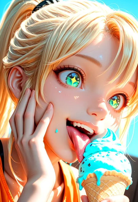 Smooth Quality, 3d render, realistic skin, realistic textures, 1girl, blonde ponytail, green eyes, slight eyeglow, sparkling eyes, excited, happy, licking ice cream, hand on face, close-up, dynamic angle, dutch angle, <lora:Smooth_Booster_v2:1>