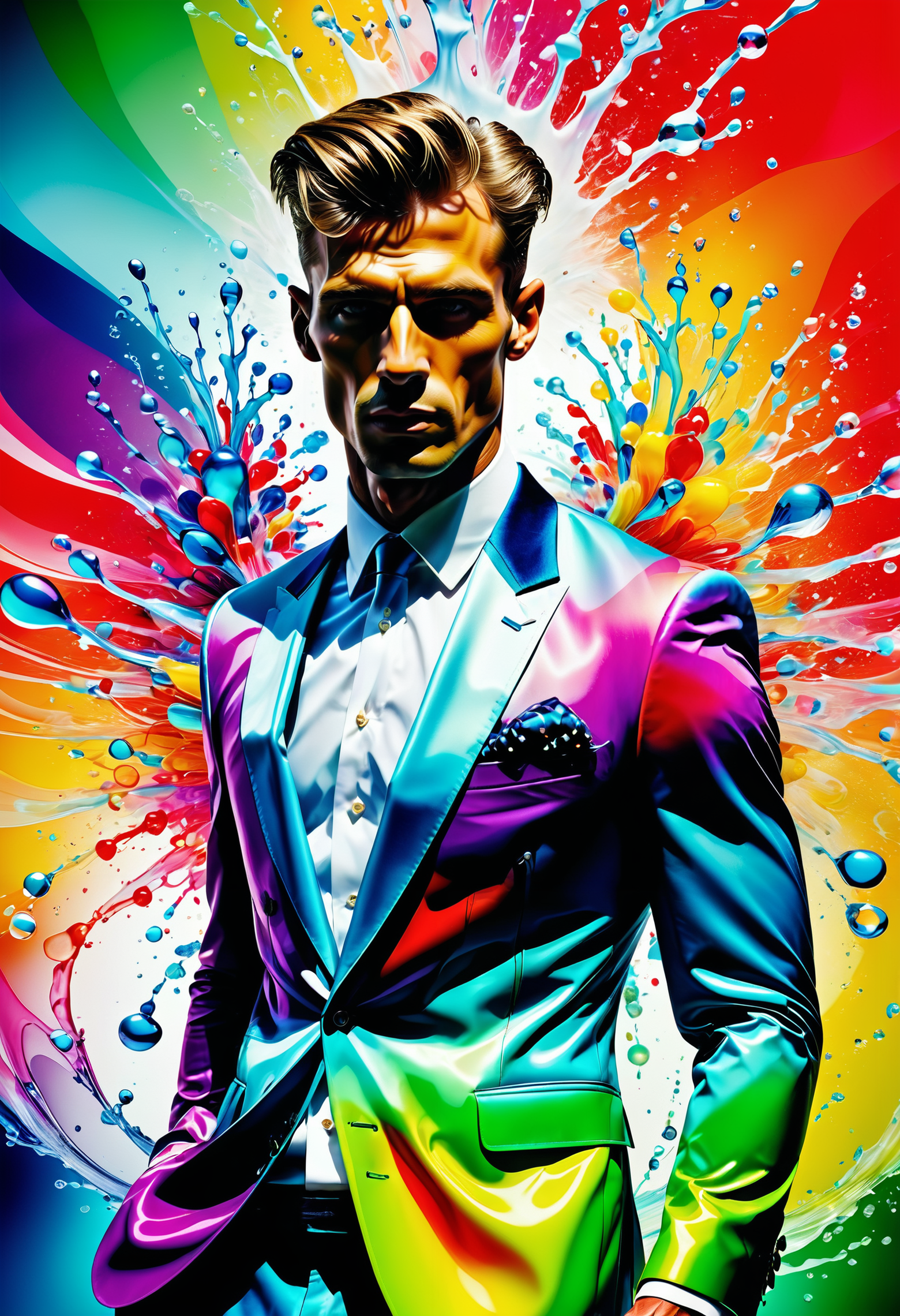 Fashion photography of a Masculine (supermodel:1.1) , wearing fashion outfit, spring background, Bokeh, Ambient lighting, atmospheric perspective, close-up, man, photorealism, dynamic dramatic atmosphere, surreal, magnificent, luxurious sharp focus, Jed-Splash, colourful, <lora:ColourfulStyle:0.7>