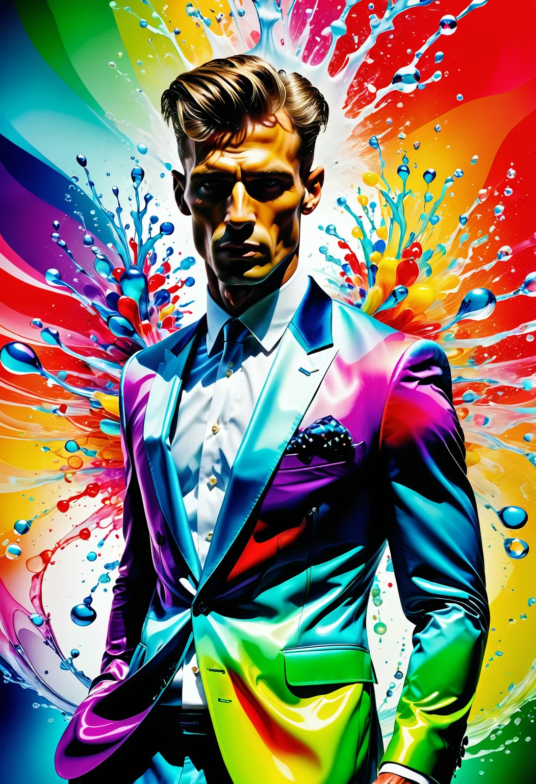 Fashion photography of a Masculine (supermodel:1.1) , wearing fashion outfit, spring background, Bokeh, Ambient lighting, atmospheric perspective, close-up, man, photorealism, dynamic dramatic atmosphere, surreal, magnificent, luxurious sharp focus, Jed-Splash, colourful, <lora:ColourfulStyle:0.7>