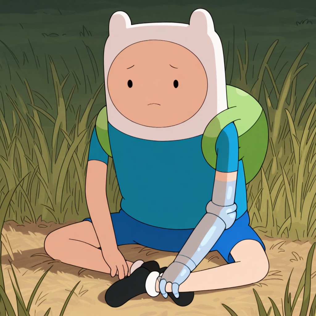 masterpiece, best quality, amazing quality, official style, f1nnhum4m, male, solo, human, young, black eyes, dot pupils, white hat, green backpack, one metal arm, blue shirt, short sleeves, blue shorts, black shoes, sitting on grass, arms over legs, outdoors, field,
