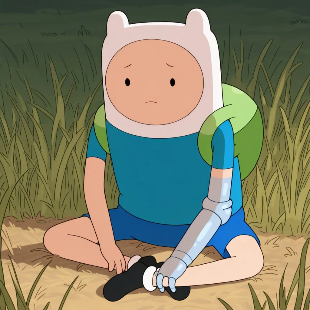 masterpiece, best quality, amazing quality, official style, f1nnhum4m, male, solo, human, young, black eyes, dot pupils, white hat, green backpack, one metal arm, blue shirt, short sleeves, blue shorts, black shoes, sitting on grass, arms over legs, outdoors, field,