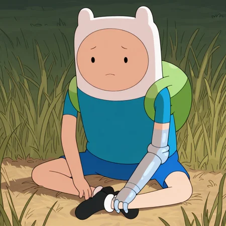 masterpiece, best quality, amazing quality, official style, f1nnhum4m, male, solo, human, young, black eyes, dot pupils, white hat, green backpack, one metal arm, blue shirt, short sleeves, blue shorts, black shoes, sitting on grass, arms over legs, outdoors, field,