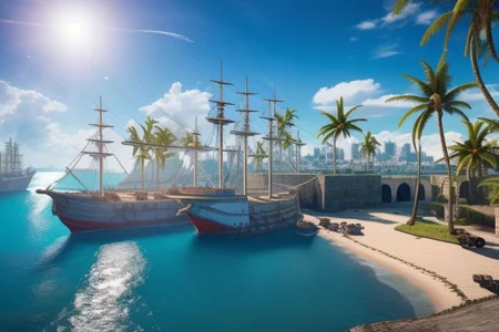 (masterpiece:1.2), (best quality,:1.2), 8k, HDR, ultra detailed, ((photorealistic)), A landscape view of a a city by the sea in the afternoon. Ships docked unloading cargo, waving palm trees. waving palm trees. afternoon sun, blue sky, calm sea, no people, professional light, cinematic lighting, ambient lighting, sunset,
