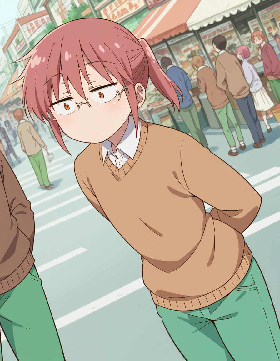 score_9, score_8_up, score_7_up, source_anime, <lora:dragon-kobayashi-s2-ponyxl-lora-nochekaiser:1>, kobayashi, ponytail, pink hair, glasses, short hair, brown eyes,, shirt, long sleeves, white shirt, collared shirt, pants, sweater, brown sweater, green pants,, street market, vendor, street food, bustling crowd, local flavor, vibrant, , , hands behind back, bent over,, solo,, dutch angle,