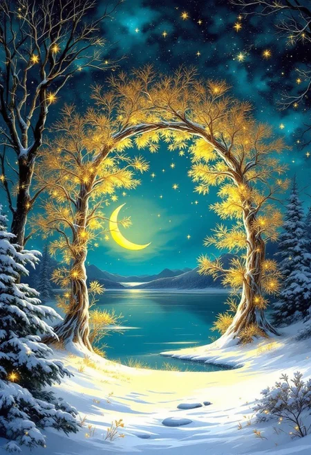 A mesmerizing digital painting depicting an enchanted winter landscape, where golden trees form a majestic moonlit archway. The scene exudes serenity and wonder, with deep teal and midnight blue hues dominating the sky and water. Rich gold accents on the trees create a luminous effect, while soft white snow covers the ground. The crescent moon peeks through the archway, adorned with scattered stars that add to the celestial atmosphere. The artist's attention to detail in rendering the trees and textures, along with smooth transitions between colors, evoke a dreamlike lighting. The minimal background focuses on the archway and its surroundings, immersing the viewer in this captivating and vibrant scene., vibrant, cinematic, painting