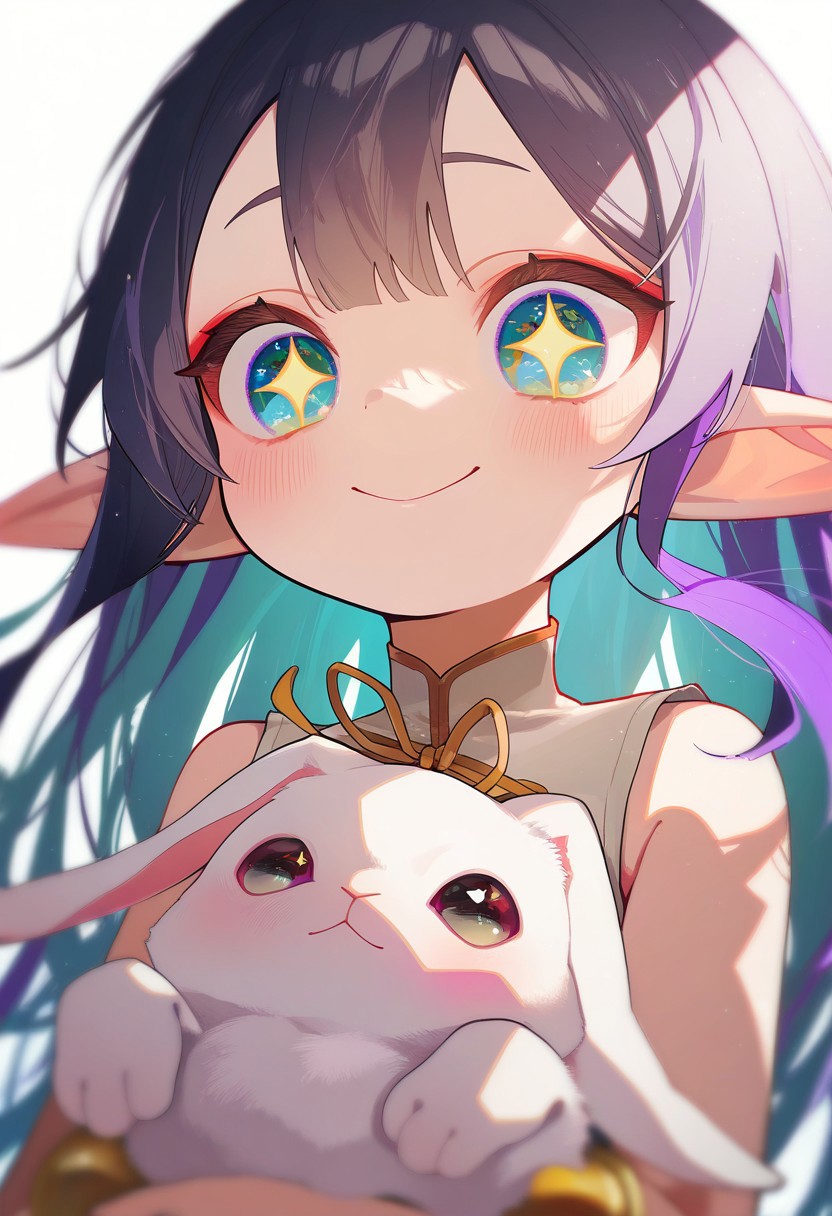 masterpiece, best quality, very aesthetic, high resolution, ultra-detailed, absurdres, newest, extremely detailed eyes, beautiful, perfect lighting, hi res, amazing quality, very awa, jui_sio, JUI_SIO, 
1girl, solo, holding rabbit, smile, sparkling eyes, close up, white background , masterpiece, highres, high quality, absurdres, year 2024, very awa, elf girl
