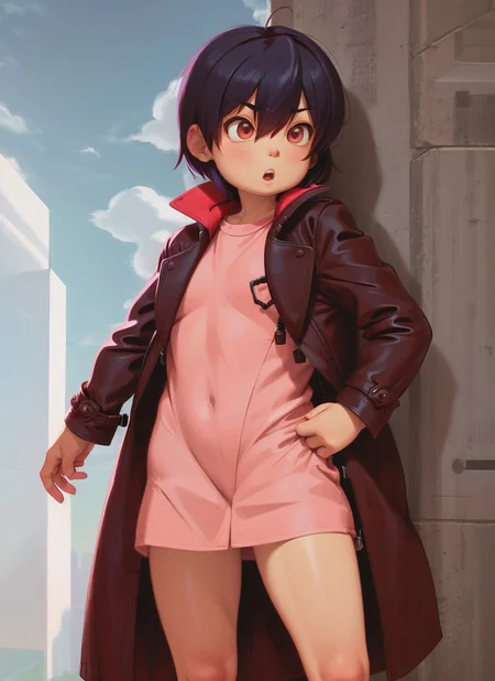 sfw, masterpiece, best quality, ultra-detailed,, 1girl, solo, Deep pink detached hair, :o, kamina pose, wearing Overcoat, oversized shirt, at (skyscraper:1.2), alkemanubis  <lora:alkemanubis128_128-15:0.7>