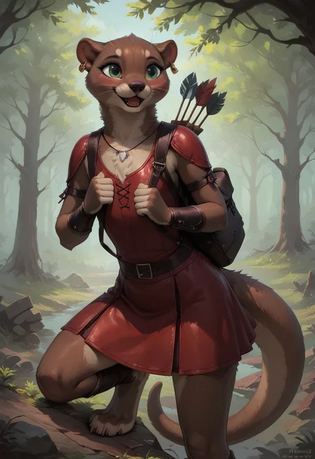 score_9, score_8_up, score_8,
tall cute thin girl, (furry:1.2), 1girl, solo, realistic fur, female otter, small ears, brown-grey fur, green eyes, details down to every fluff, tall,
white chest tuft, brown-grey body fur, long tail, thick tail, flat chest, brown-grey fur, hunter, bracers, quiver on back, slung bow, bow, arrows, quiver, leather clothing, leather belts, red tunic, short skirt, leather bag, leather shin, leather armor, leather kneepads, quiver, forest trail, stone wall, medieval town, iron earrings, from behind, forest, beautiful sky, sexy eyes, posing, laughing, very detailed face, dainty feet, small feet, blush, teasing, light behind, gorgeous, female furry, animal legs, realistic shadows, cute face with interesting details,