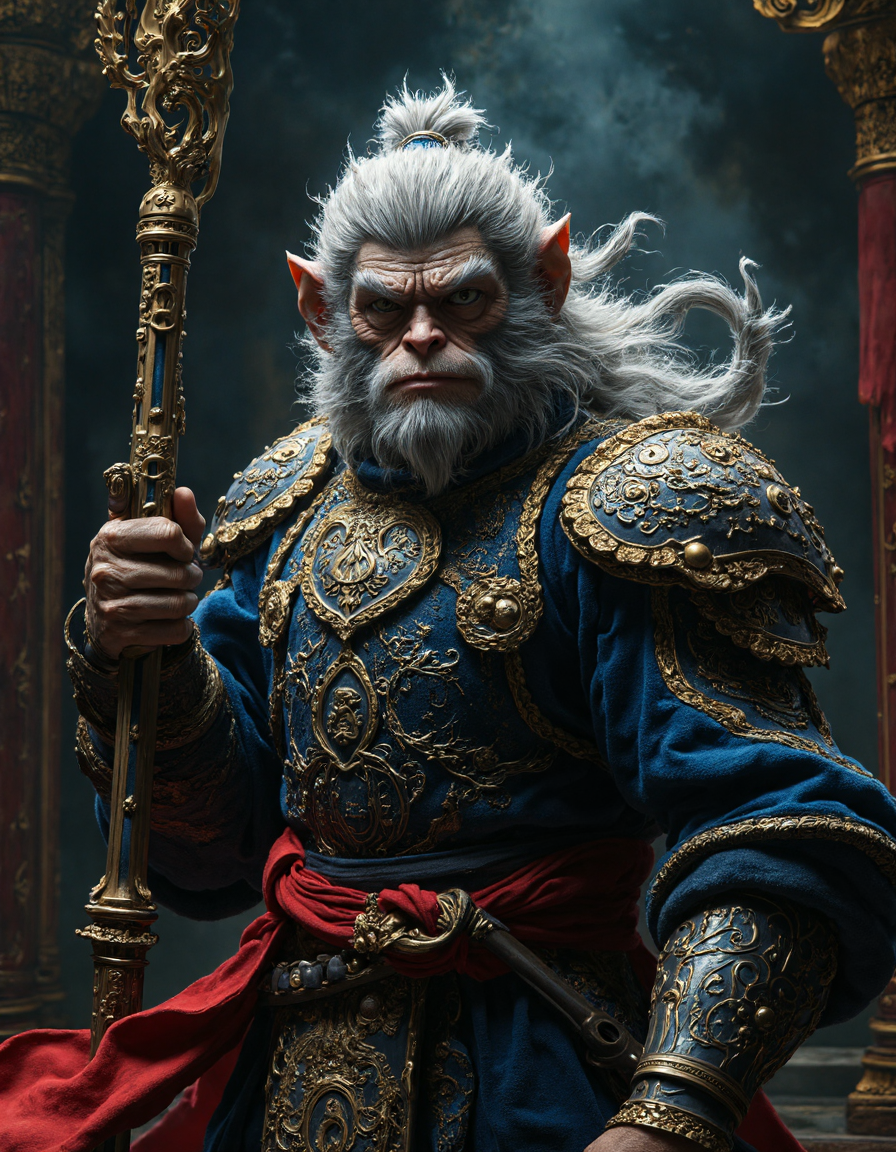 highly detailed cinematic scene, fierce, Sun Wukong, the legendary Monkey King. His wild, silver-gray mane and sharp, intense eyes radiate mischief and power. Dressed in ornate, regal armor, dark blue with intricate golden dragon motifs, Sun Wukong exudes majesty. A vibrant red sash secures his armor, while his muscular frame suggests strength and agility. He wields his iconic golden staff, engraved with ancient symbols, ready for battle. The background, a dimly lit palace hall with ornate pillars and golden accents, evokes a sense of myth and grandeur. Rich tones of blue, gold, and red heighten the sceneâs majesty, <lora:aidmaMJ6.1:0.6>, <lora:fluxenhancer:0.3>