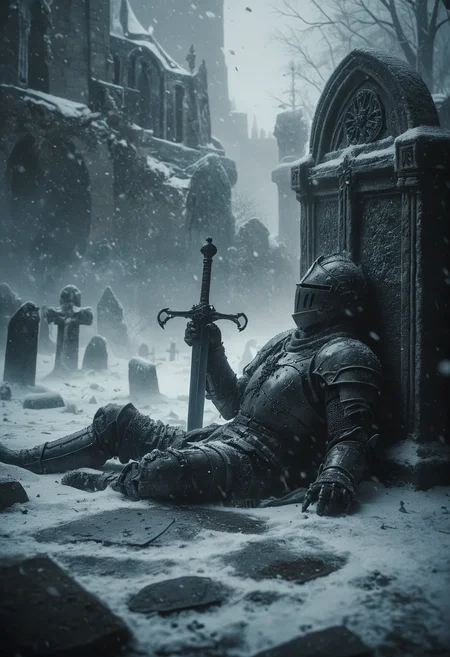 somber and cinematic scene, a fallen knight resting and lying down against a gravestone in a snow-covered graveyard, the knight clad in full armor, grips a sword with hand, the blade buried in the snow, Snowflakes gently fall around him, melancholic atmosphere, background is a dark gothic castle looms that obscured by the swirling snow and mist, haunting beauty of a warrior's final rest, <lora:- SDXL - vanta-black_contrast_V3.0:0.5>, <lora:NicolaSamori:0.6>, <lora:MJ52:0.3>, <lora:ral-ertmsphr:0.8>