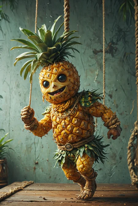 art by Antonio J Manzanedo, a detailed pineapple pirate (swings through the air on a rope:2.0).
deep depth of field, hyperdetailed photography, masterpiece, best quality, high quality, highres, ultra-detailed, best quality, 8K, high resolution, extreme detail.
<lora:add-detail-xl:2> <lora:MJ52:0.5> <lora:great_lighting:3> great lighting, <lora:PineappleMorph-SDXL-V0.1:1>