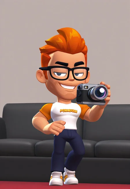 masterpiece, good quality, best quality, very awa, very as2, absurdres, highres, 3d,
<lora:Brawl Stars StyleIlluLYCO:1.4>brwlstrs, 3d, holding camera, casting couch,
1boy, porndude, ginger, glasses, text on clothing, full body, pants, sneakers, smug, half-closed eyes,