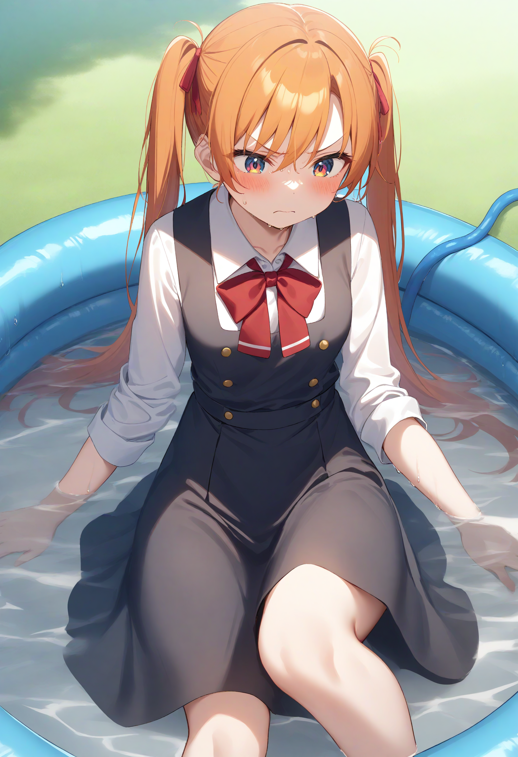 1girl,sincos, ningen mame, toosaka asagi,solo,medium breasts,school uniform,
wading pool,partially submerged,water,wet,outdoors, hose,barefoot, day,lying,<lora:wadingpool_XL_v1:0.8>
from above, cowboy shot, looking away, orange hair, brown eyes,disgust, closed mouth, twintails hair,,
best quality, very aesthetic, absurdres
