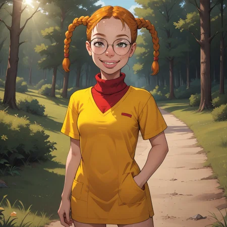 score_9, score_8, BREAK, solo, Eliza_Thornberry_(Wild_Thornberrys), orange hair, twintails, braid, braided twintails, freckles, glasses, pink lips, thick lips, buck teeth, braces, yellow dress with red pockets, red turtleneck shirt, white socks, brown shoes, self portrait, smile, looking at viewer, outdoors, sunlight, shadows, evening lighting, natural lighting, forest, trees, grass, orange sky, sunset