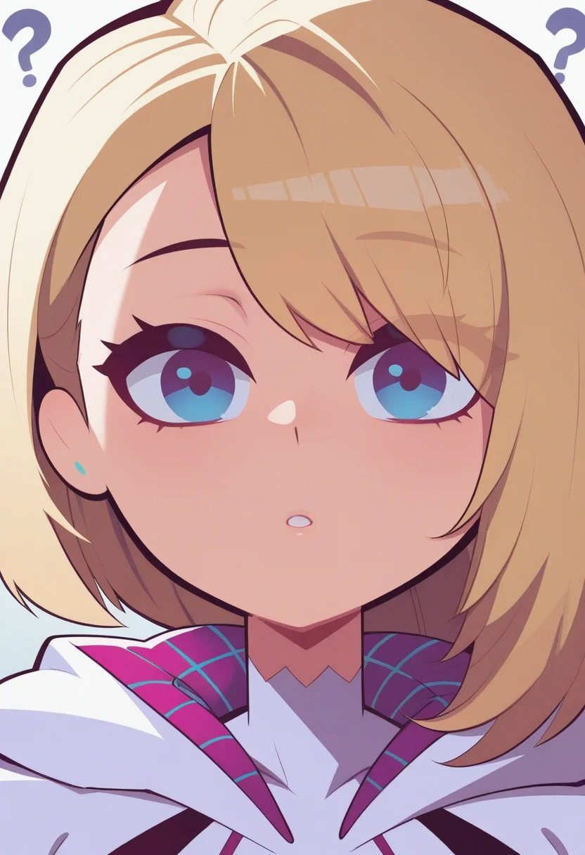 f11ph1style, masterpiece, best quality, solo, gwen stacy, detailed blue eyes, blonde, closeup, confused,