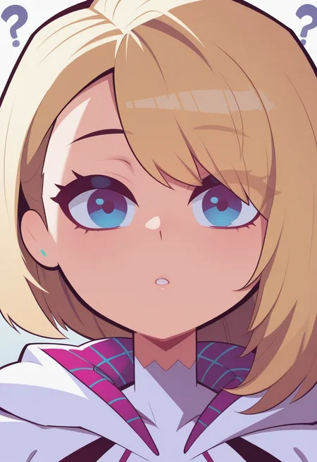 f11ph1style, masterpiece, best quality, solo, gwen stacy, detailed blue eyes, blonde, closeup, confused,