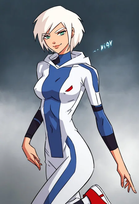 TiaGFPony, 1girl, solo, white hair, short hair, lips, light green eyes, collarbone, large breast, slim woman, white eyebrows, white hoodie, black undershirt, long over short sleeves, white pants, turtleneck, red sneakers,
seductive pose, sexy pose, tease, in the spotlight,smile,
score_9, score_8_up, score_7_up, beautiful aesthetic, very intricate, high quality details,vibrant, highly detailed, award-winning, professional,anime artwork, anime style, studio anime, athletic, curvy body, athletic girl, perky tits,large breast,perfect tits, round breasts, nipple outline,looking at viewer, pinup pose,teasing, dynamic lighting, cinematic, smug, better than you, aura of temptation, highly detailed, high resolution, masterpiece, detailed clother, detailed background, highly detailed, ((sound effects)) comic layout,