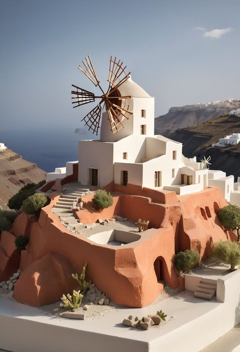 RAW photo, studio shot of an architecture physical model,art by Eleanor Vere Boyle and Andreas Untersberger, hantu ulat sutera adaptive and halcyon atmosphere with dispersion, refined details, Santorini model, style by nty, Greece island,Santorini Windmill,Architecture physical model