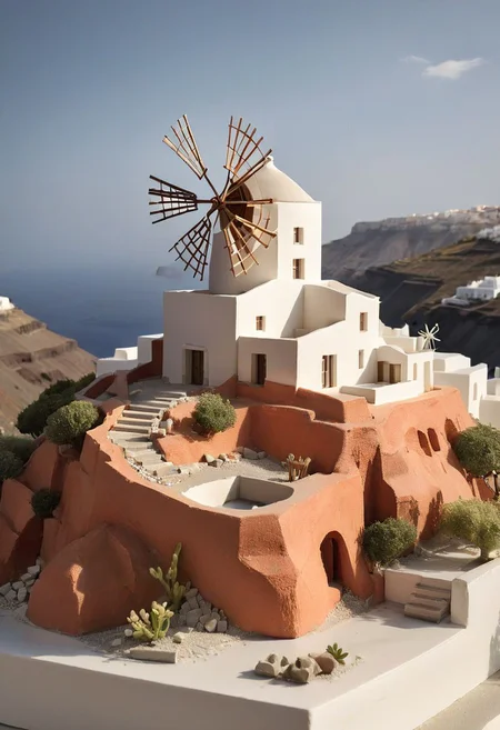 RAW photo, studio shot of an architecture physical model,art by Eleanor Vere Boyle and Andreas Untersberger, hantu ulat sutera adaptive and halcyon atmosphere with dispersion, refined details, Santorini model, style by nty, Greece island,Santorini Windmill,Architecture physical model