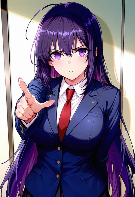 kayoBR, (absurdres, best quality, masterpiece:1.4), amazing quality, highres, newest, detailed, detailed body, detailed face, manga illustration, beautiful, 
BREAK
1girl, solo, standing, MitsBR, purple hair, purple eyes, long hair, ahoge, frown, pointing at viewer, dark blazer, blue jacket, white inner shirt, necktie, pleated skirt