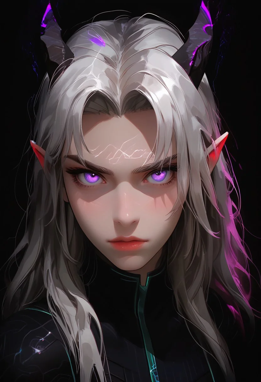 ((score_9_up, score_8_up, score_7_up:1.3)), rating_safe, face closeup, 1girl, rayla, long hair, white hair, horns, pointy ears, purple eyes, wearing a plugsuit, (very attractive face), wide hips, image from above, (expressive eyes), intricate, detailed, dynamic angle, looking at viewer, ((face closeup, from_front)), determined expression, very aesthetic, diffused lighting, every detail illuminated, ultra-detailed, masterpiece artwork, flawless anatomy, easynegative, eye catching, Expressiveh, g0thicPXL, glowing, neon, arcan3styl3v1, TDPStyle,