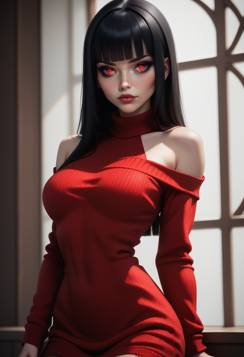 score_9, score_8_up, score_7_up, 1girl, solo, sexy sweater dress, red dress, long sleeves, bare shoulders, <lora:Dark_Ruby_Pony_v0.2:0.5> d4rk_ru8y, black hair, blunt bangs, red eyes,