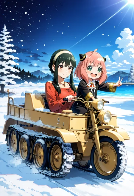 score_9,score_8_up,score_7_up,source_anime,masterpiece,best quality,detailed digital illustratio,zPDXL3,<lora:kettenkrad-000023:1>,kettenkrad,snow,snowing,night,
2girls,driving viecle,smile,Yor Forger \(Spy Family\),
2girls,sitting on rear sheat,Anya Forger \(Spy Family\),happy,